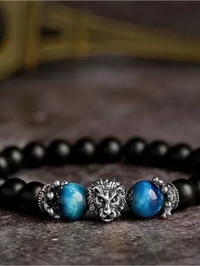 Gold Lion Bead Bracelet with Blue Tiger Eye and Black Matte Beads